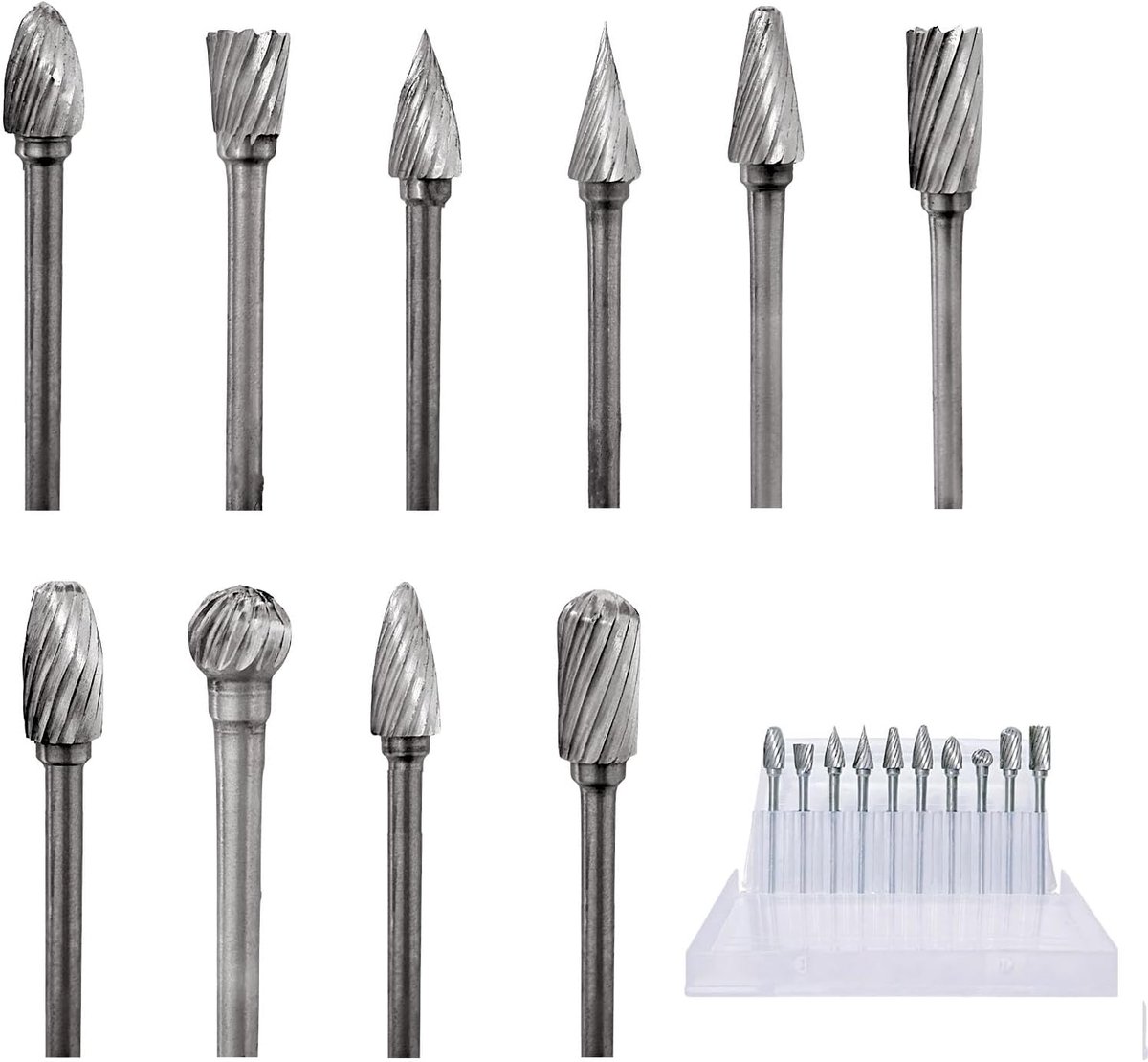 Rotary burr set 10pcs 1/8" - tungsten carbide staal - voor hout en steen - precisie graveren en snijden - ShopVlot