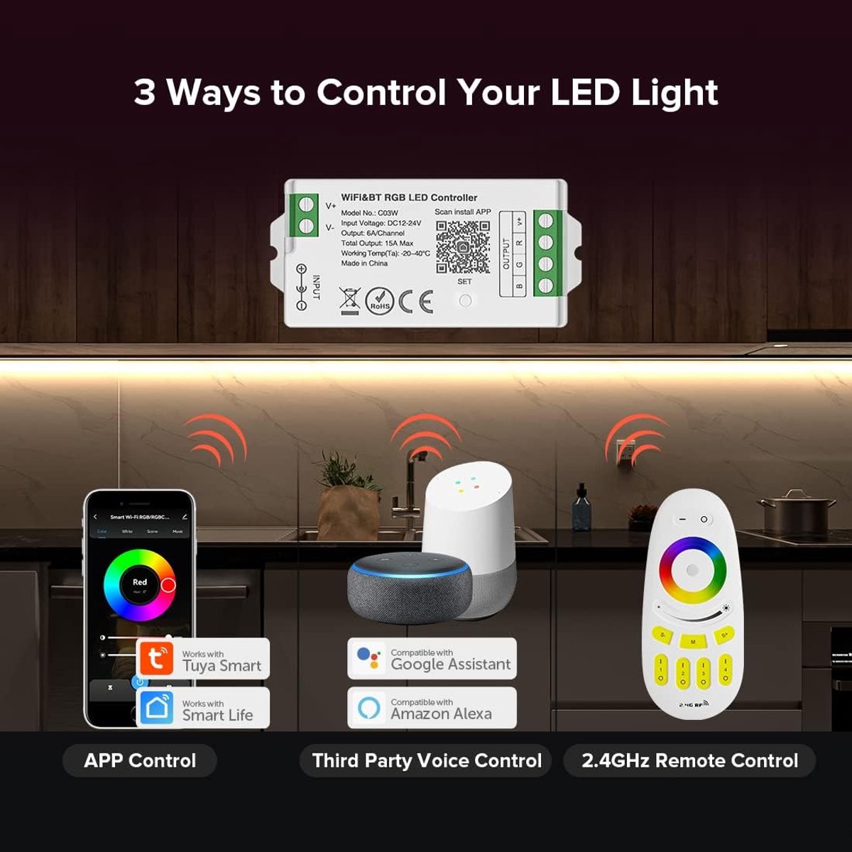 RGB LED Controller - WiFi en Bluetooth - Groepsbediening - Compatibel met Alexa en Google Home - ShopVlot