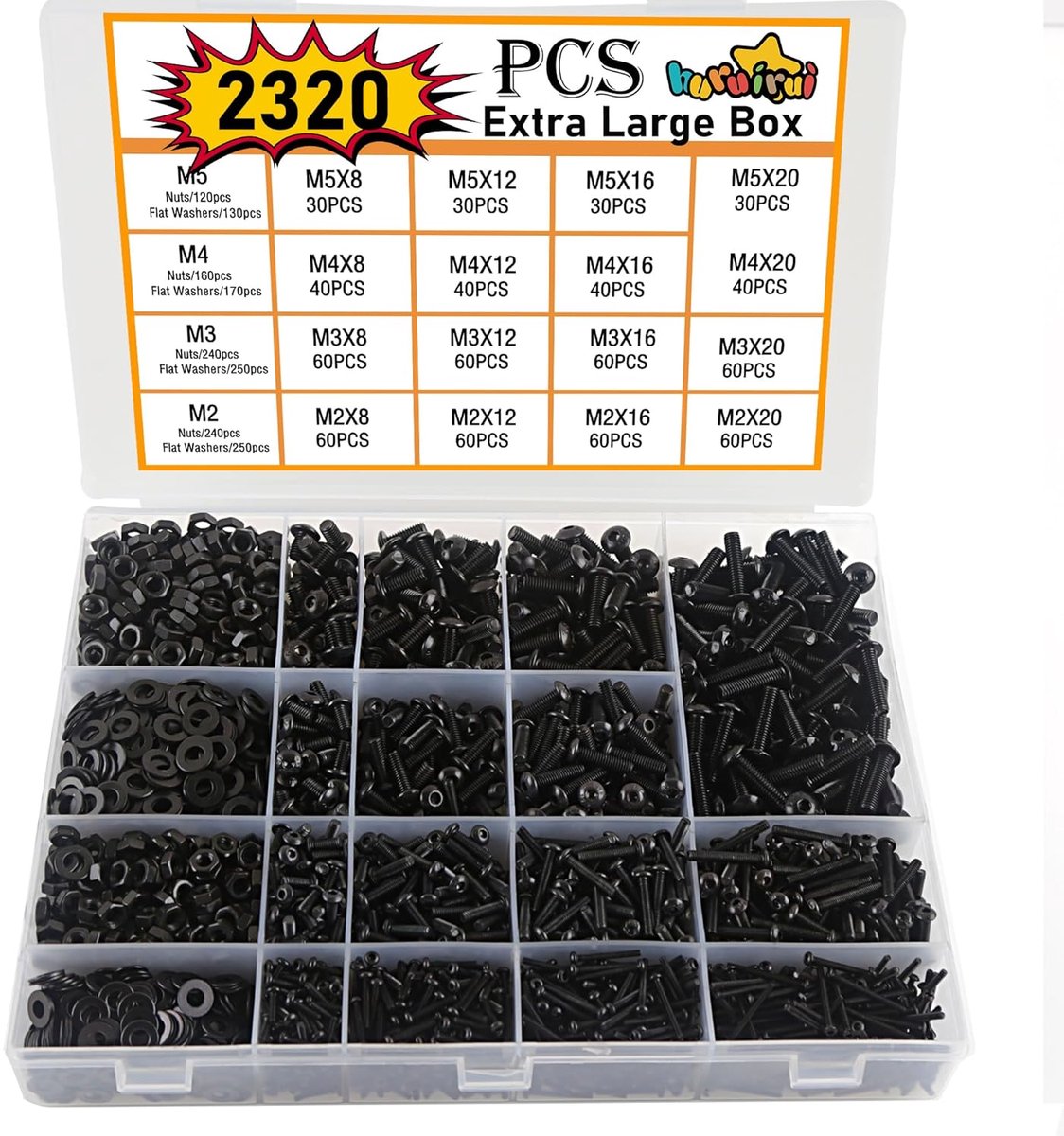 Schroeven set 2320 stuks - M2 M3 M4 M5 - zwarte lenskop met moeren - ideaal voor elektronica en autoreparatie - ShopVlot