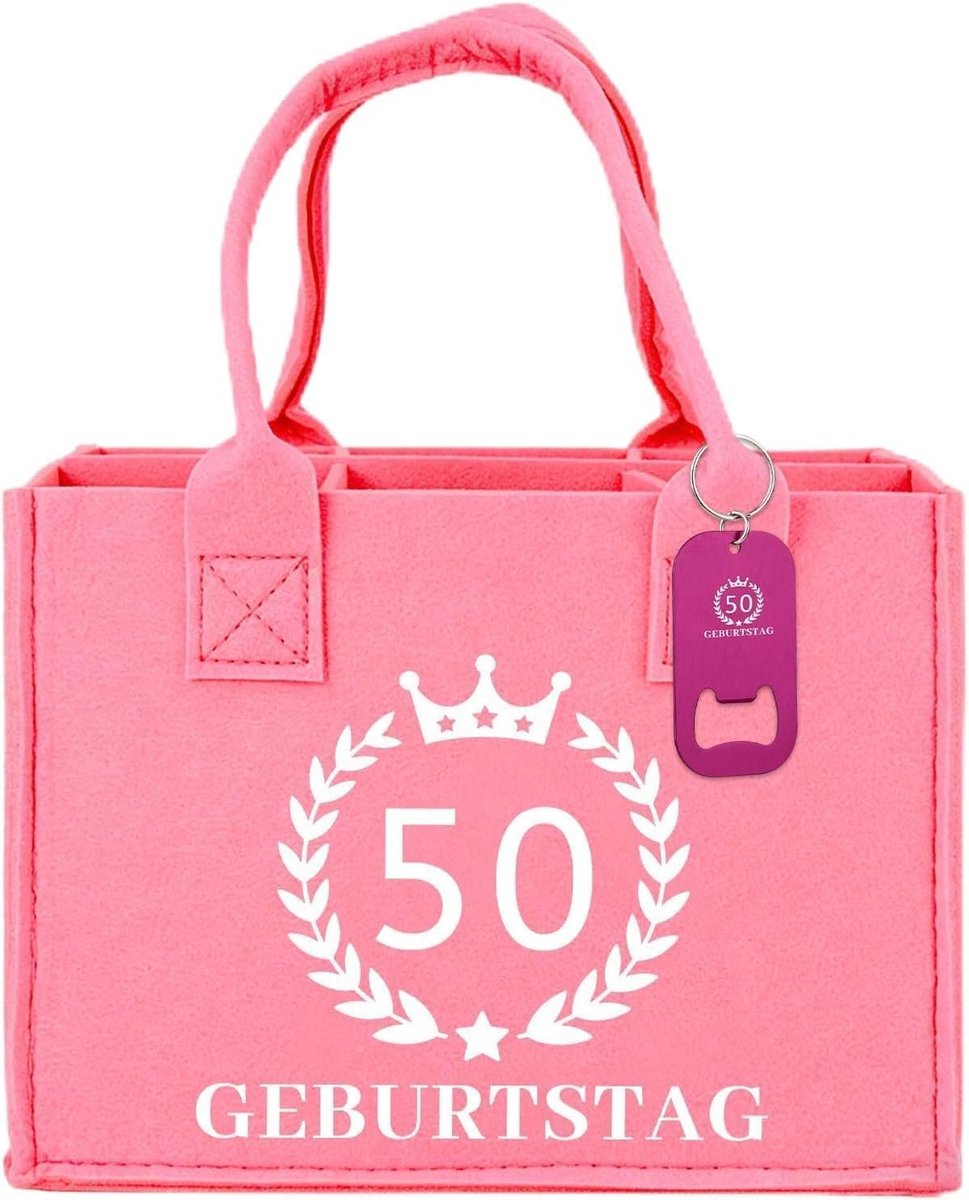 cadeauset voor vrouwen - 40e verjaardag - roze vilt met flesopener - origineel en persoonlijk - ShopVlot