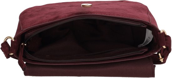 Bordeauxrode suède crossbodytas open, met ritsvakken.