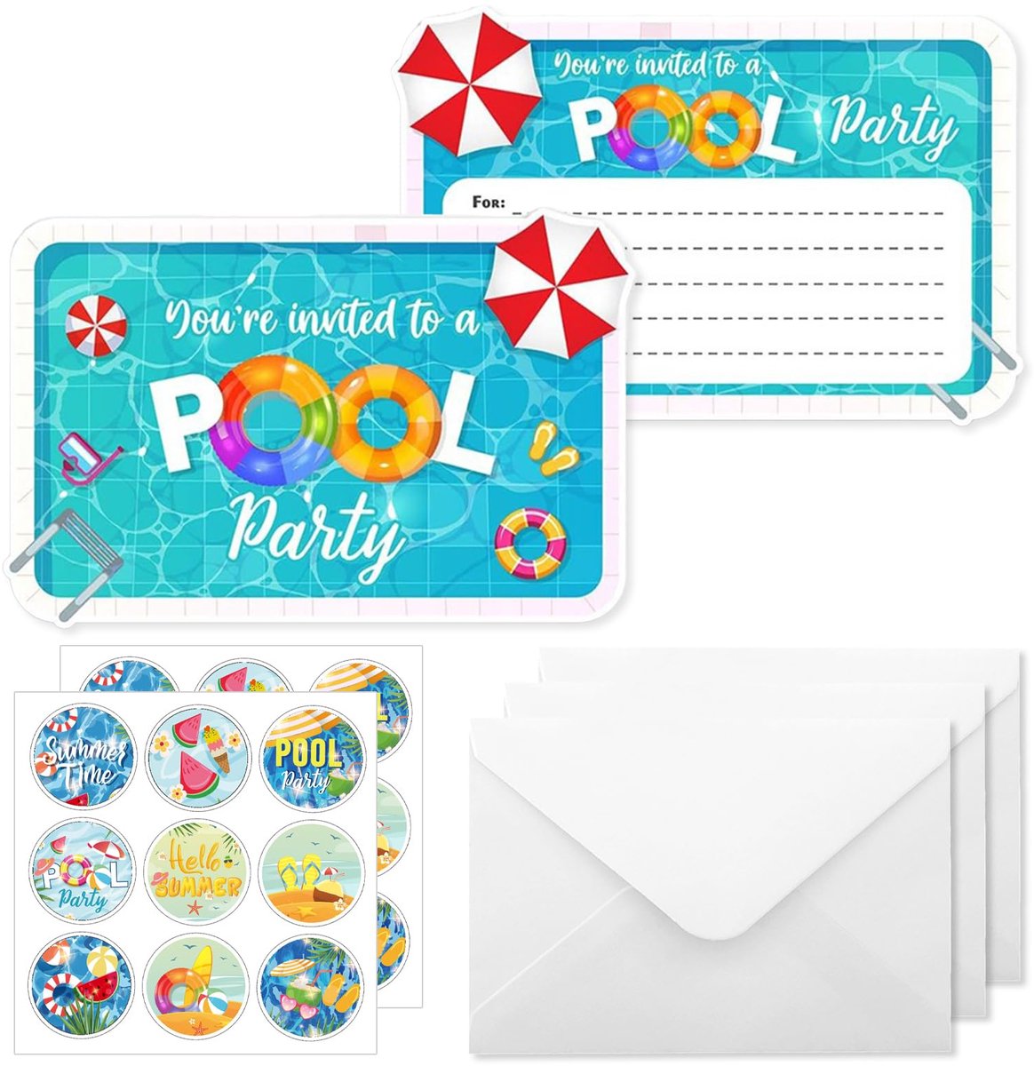 Uitnodigingen kinderverjaardag - 12 stuks - papieren uitnodigingskaarten - voor zwembadfeestje - ShopVlot
