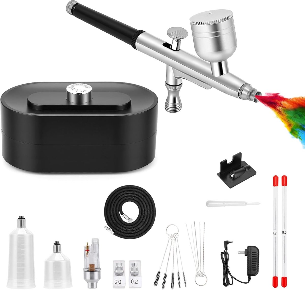 Airbrush compressor set 48 PSI - dual action met 0.01/0.05 mm nozzles - 3 niveaus drukregeling - ShopVlot