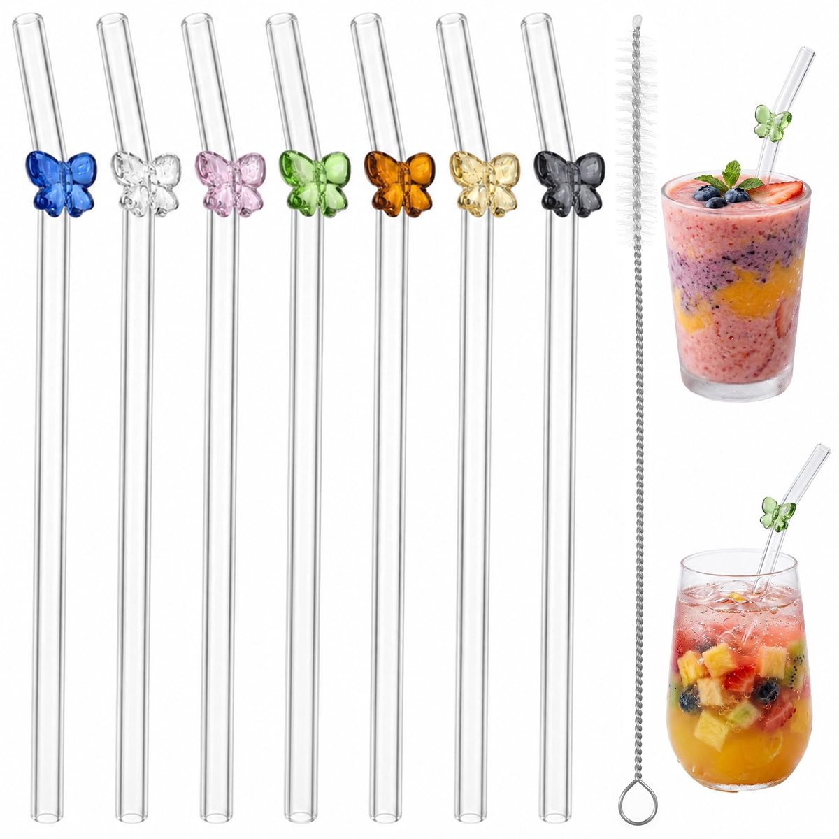 Herbruikbare glazen rietjes 20cm - kleurrijke boogvorm - 7 stuks - duurzaam en leuk - ShopVlot