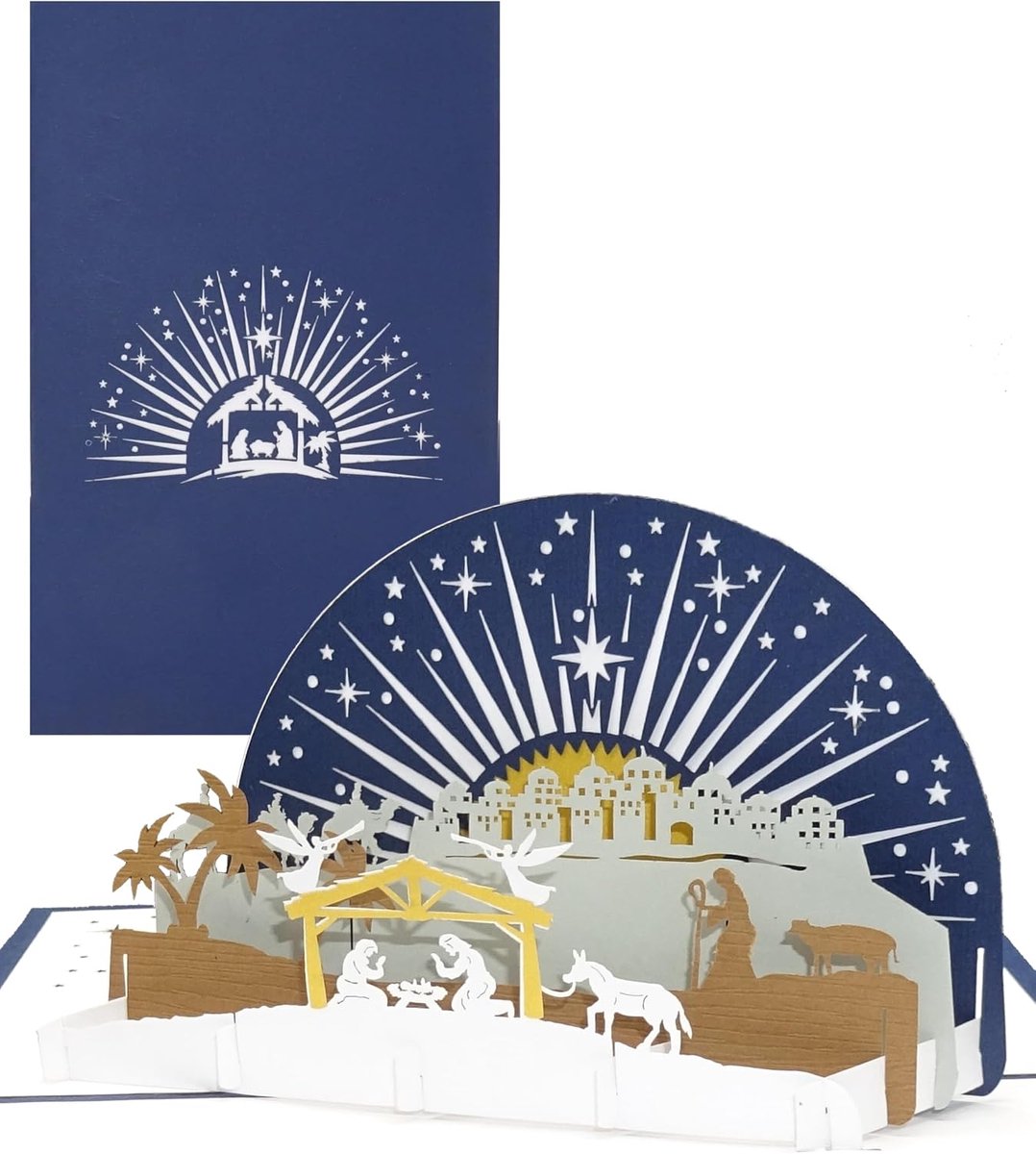Kerstkaart 3D Pop Up - Kribbe met Ster - Filigraan panorama - Uniek kerstgroet - ShopVlot