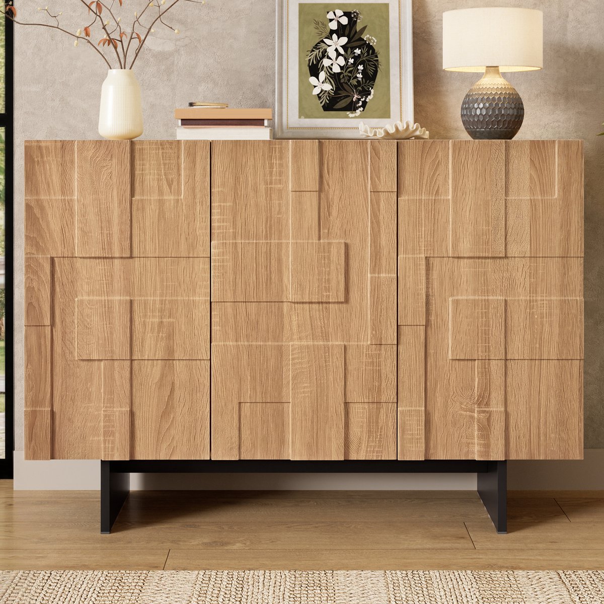 VVBV Dressoir 105x33.5x76 cm - Opbergruimte, Met Planken, 3 Deuren - Naturel/Zwart, MDF