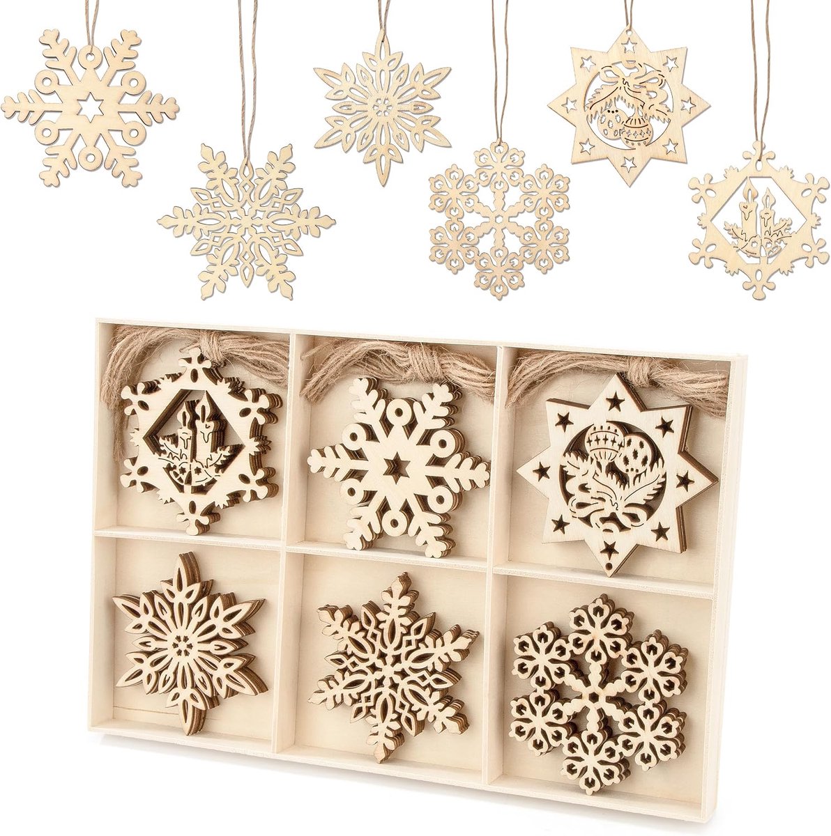Houten kerstboomdecoraties 30 stuks - Sneeuwvlokken - Natuurlijk hout - Voor sfeervolle feestdagen - ShopVlot