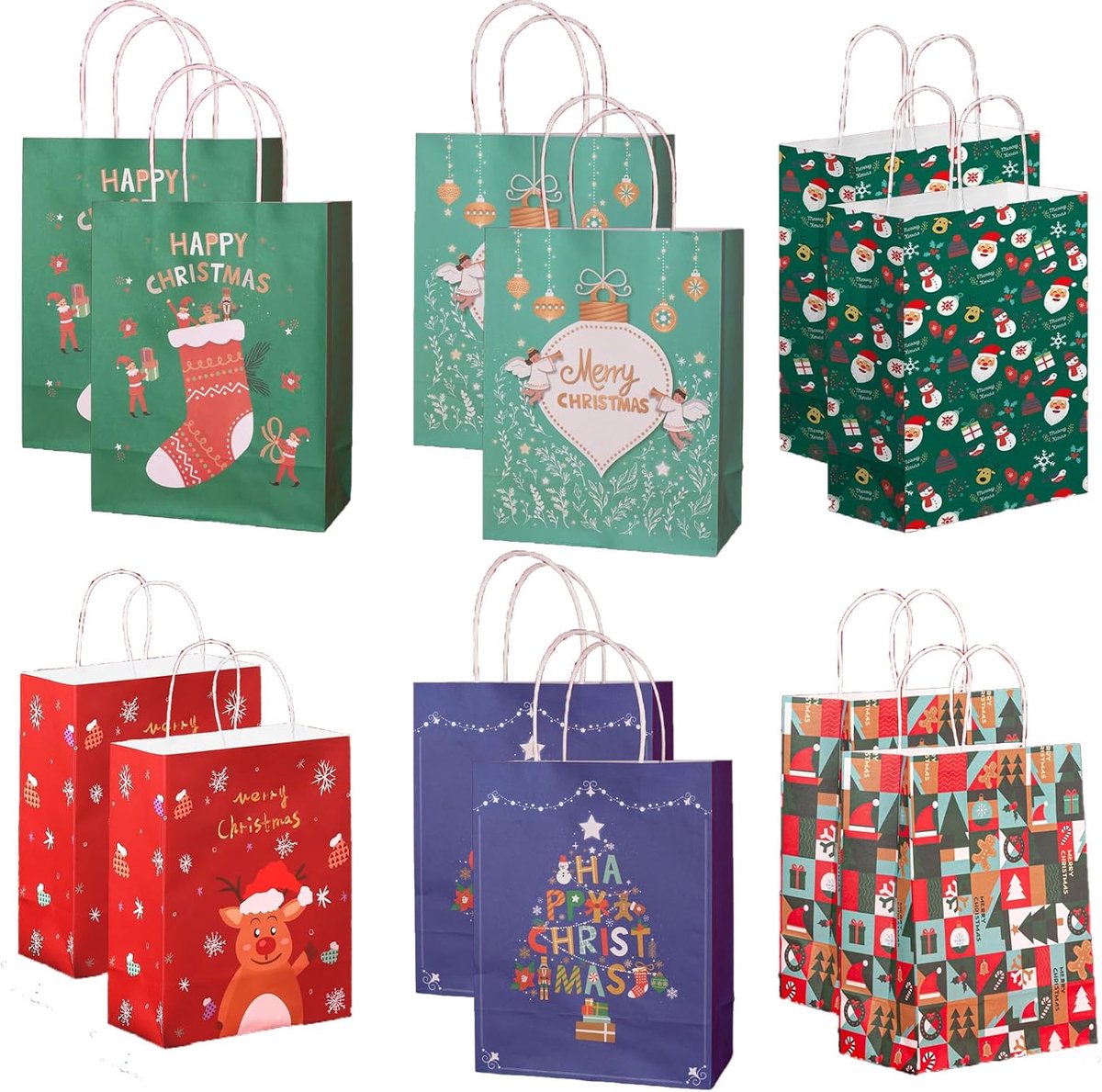 Cadeauzakjes kerst 12 stuks - papieren zakjes met handvat - 6 verschillende designs - ideaal voor kerstcadeaus - ShopVlot
