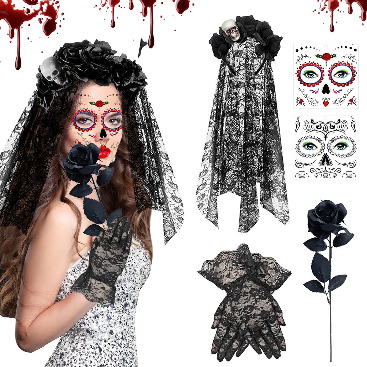 Halloween Day of the Dead sluier - zwart - opvallend design - perfect voor feesten - ShopVlot