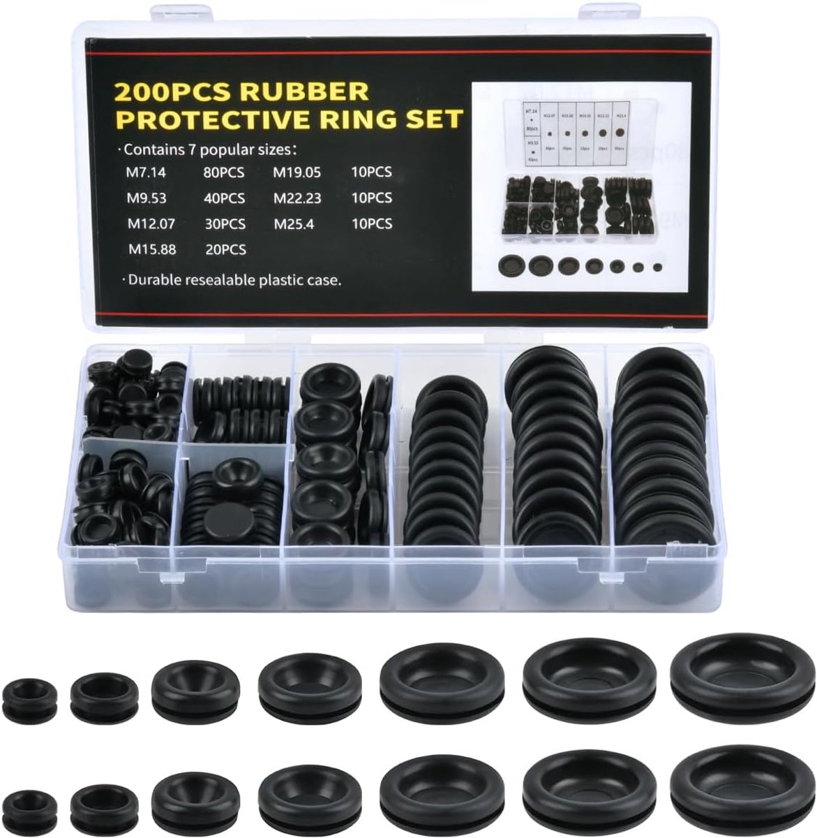 Rubber kabelgrommet 200 stuks - 7 maten - rubber - ideaal voor kabels en leidingen - ShopVlot