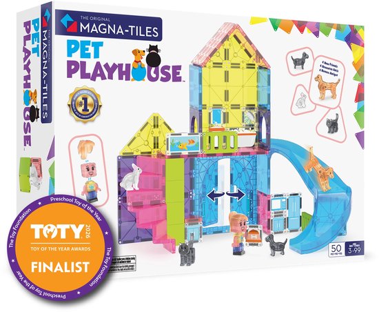 Boîte de jeu Magna-Tiles Pet Playhouse avec jouet de construction coloré et animaux.