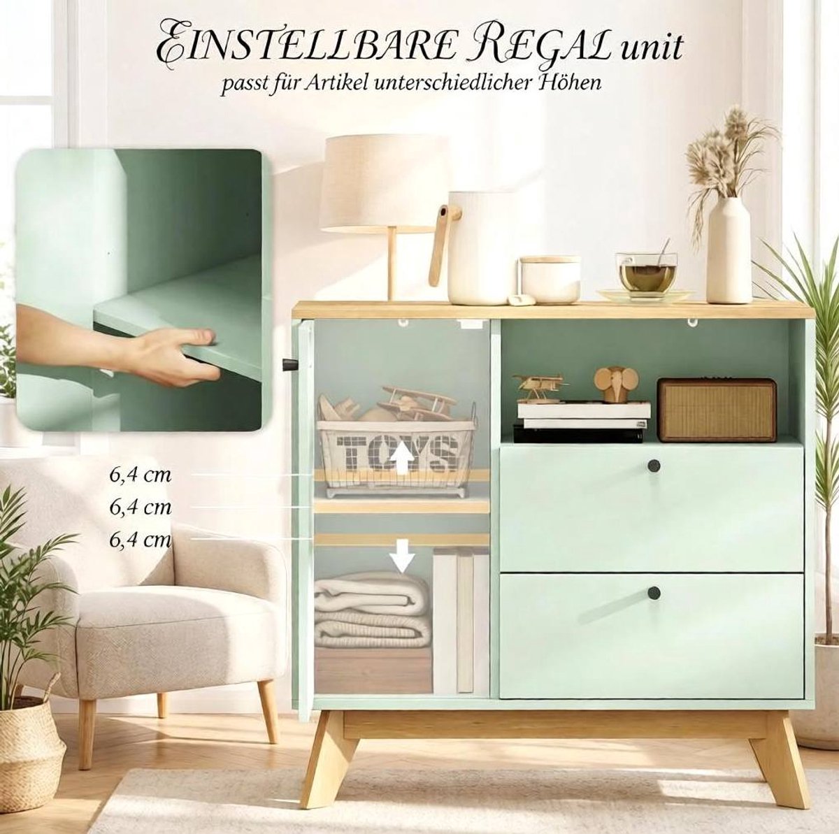 OKWISH Buffetkast - Lichtgroen En Eikenlook - 1 Deur 2 Lades En Open Vak - Met Verstelbare Plank - MDF - 80 X 35 X 76,3 Cm