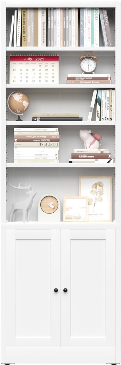 OKWISH Boekenkast – 5 Niveaus Met Deur – Verstelbare Planken Voor Woonkamer, Kantoor En Bibliotheek – Wit Metaal – 180x60x23,6 Cm