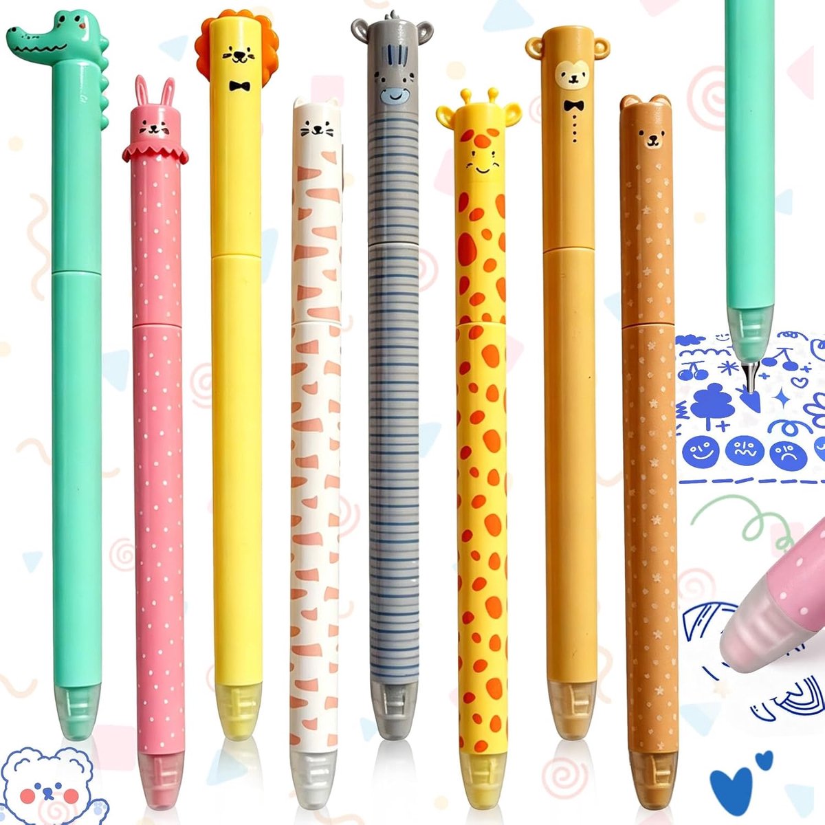 Erasable balpen 0.7mm - Kawaii cartoon - 8 stuks - Ideaal voor kinderen en volwassenen - ShopVlot