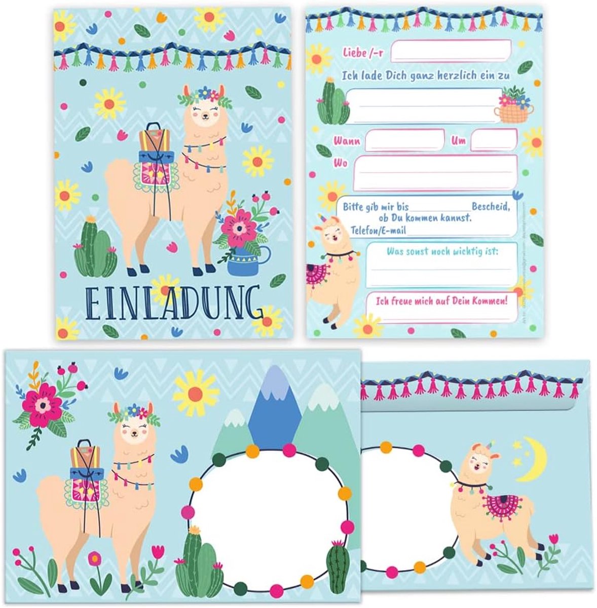Uitnodigingskaarten voor verjaardagsfeestje - Lama design - 12 kaarten en enveloppen - Perfect voor meisjes - ShopVlot