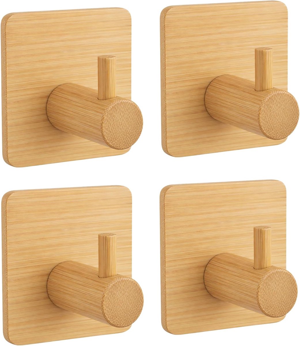 Zelfklevende wandhaken set 4 stuks - bamboe - zonder boren - ideaal voor keuken en badkamer - ShopVlot