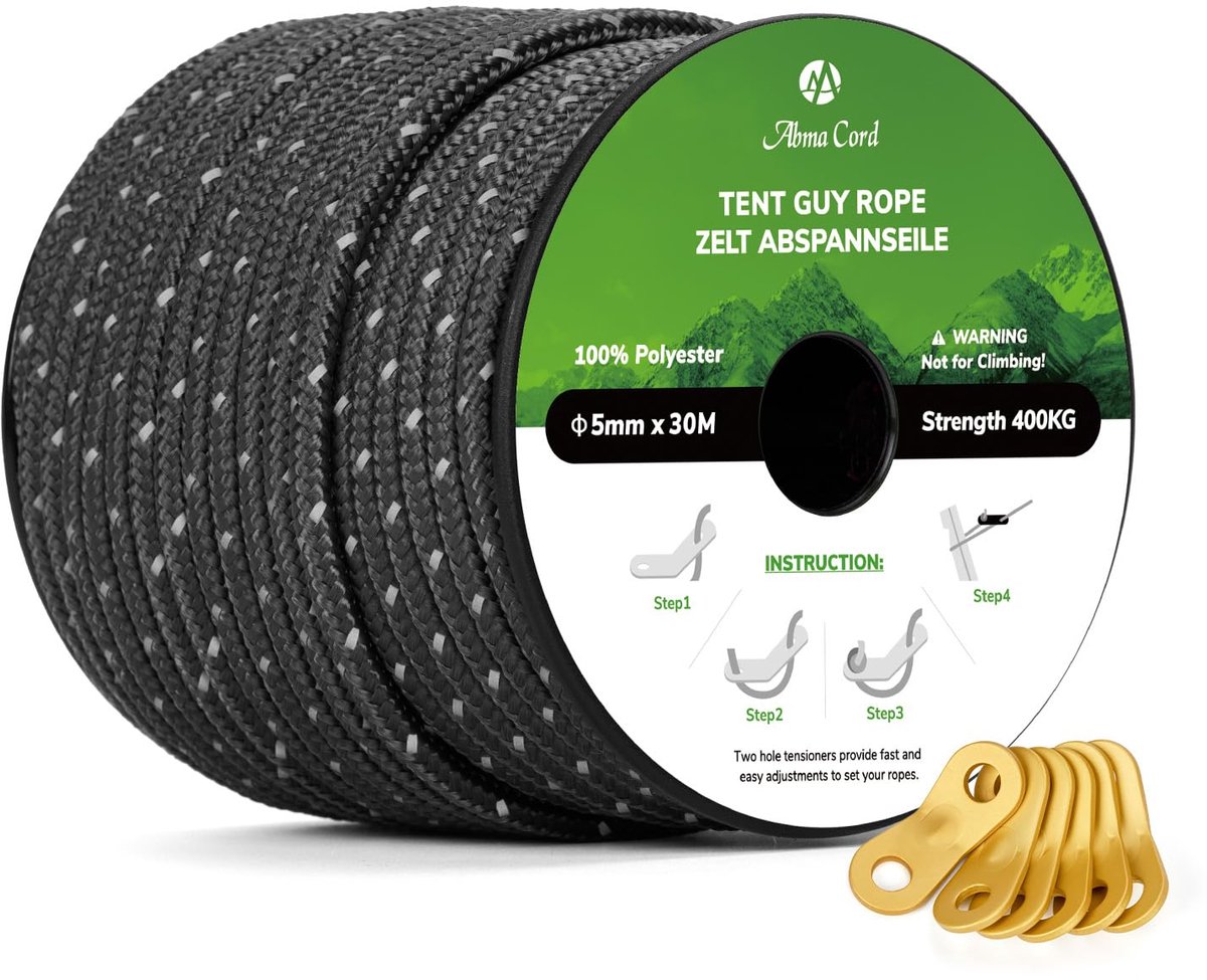 Scheerlijnen 5mm 30M - Tentkoord met 6 Spanners - Sterk en duurzaam - Ideaal voor camping - ShopVlot