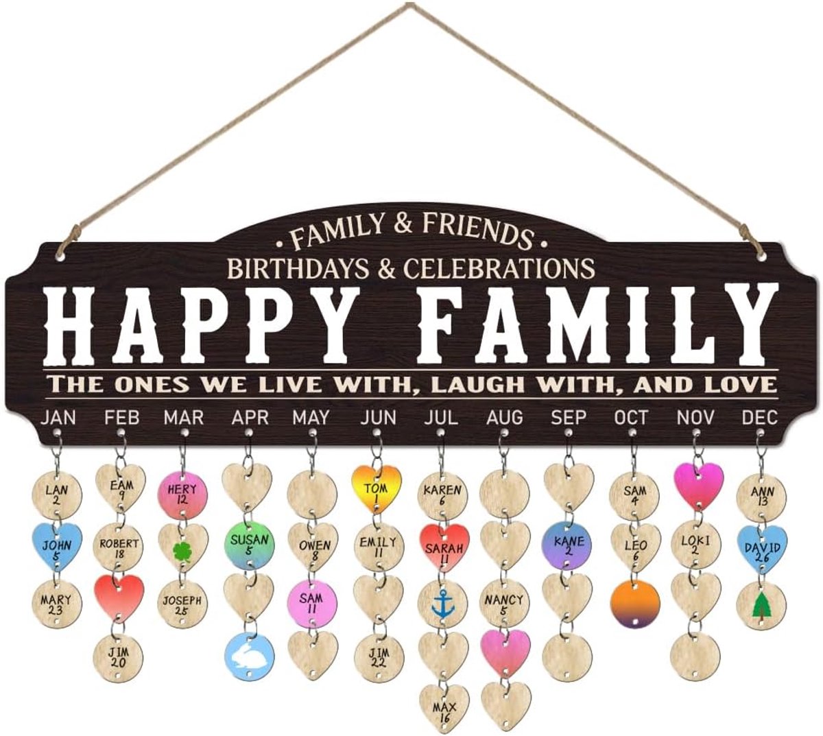verjaardagskalender hout 40 x 12 cm - minimalistisch plakkaat 'Happy Family' - 100 houten hangers - ShopVlot
