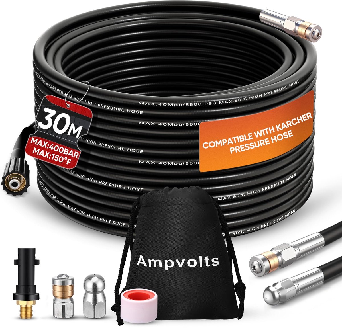 Rioolreinigingsslang 15 m/30 m - 400 bar - inclusief adapter en sproeikoppen - voor effectieve afvoerreiniging - ShopVlot