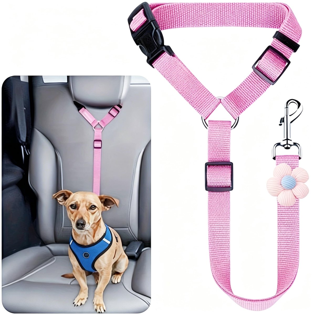 Hondenriem auto - verstelbare nylon veiligheidsgordel - bloemendecoratie - veilig reizen met je hond - ShopVlot