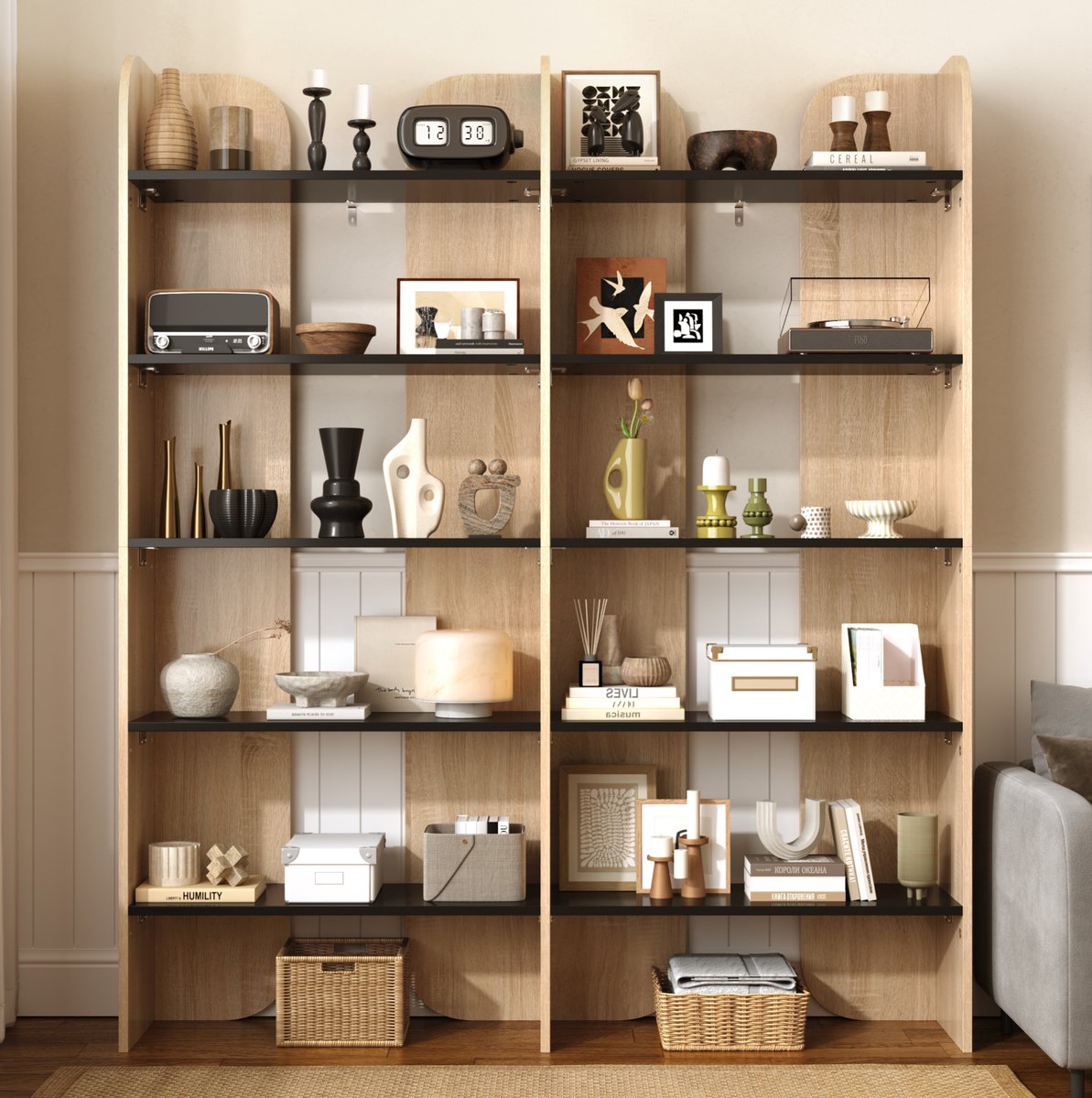 Boekenkast Open 160 Cm Hoog 135 Cm Breed 25 Cm Diep Vijf Niveaus Spaanplaat Natural Zwart Voor Woonkamer Studeerkamer En Kantoor