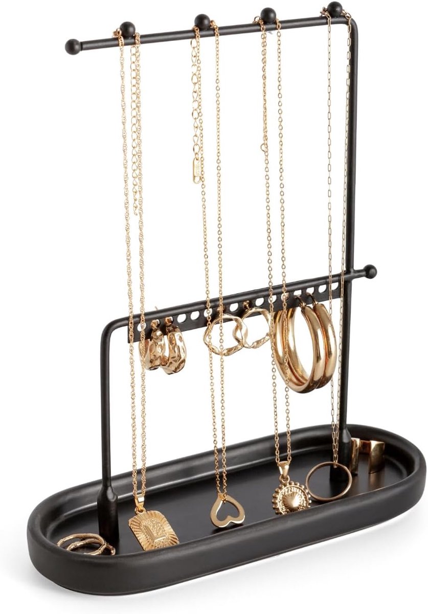 Sieradenstandaard - Metalen sieradenstandaard met keramische ringtray - Voor kettingen en oorbellen - ShopVlot