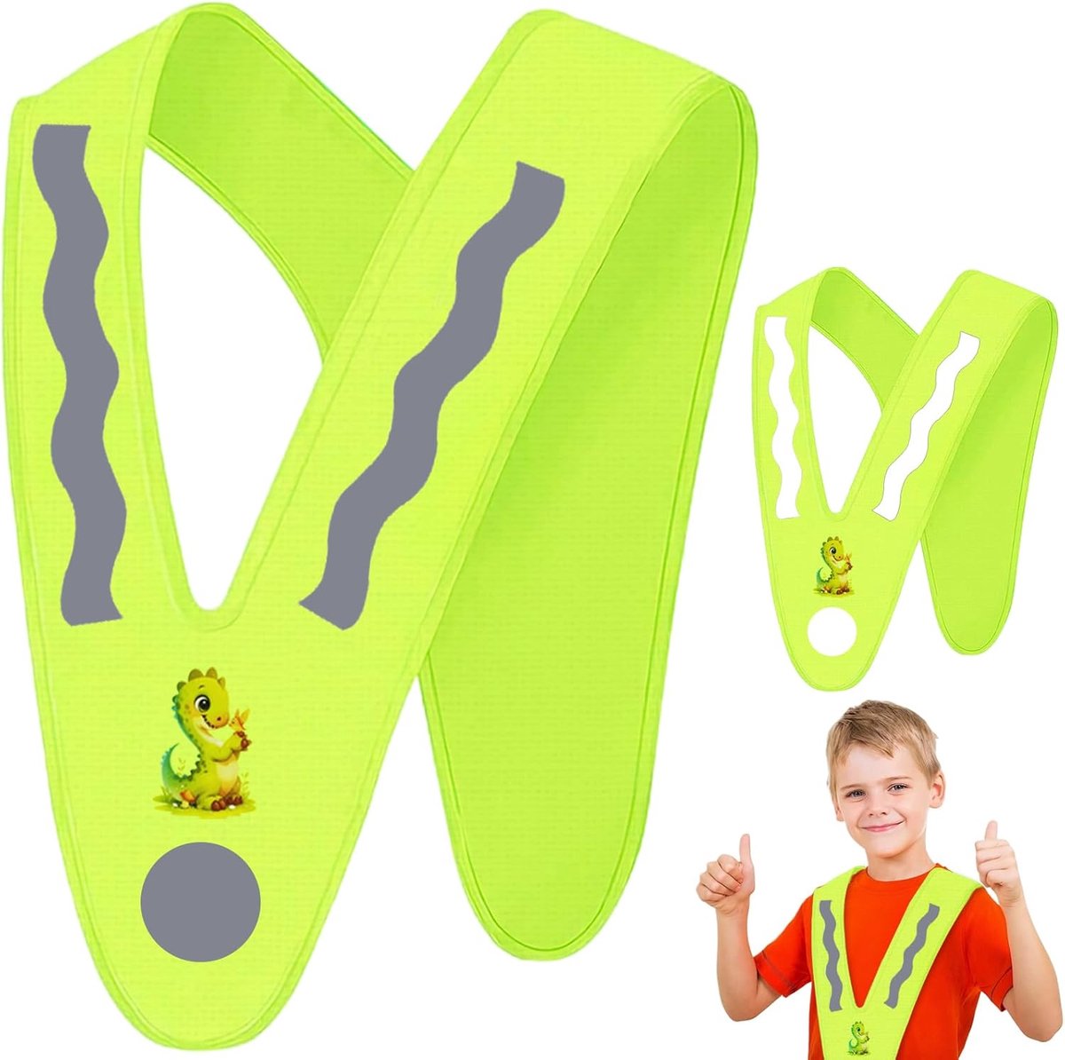 Veiligheidsvest voor kinderen - V-vormige signaalkraag - Groene dinosaurus - Ideaal voor nachtreizen - ShopVlot