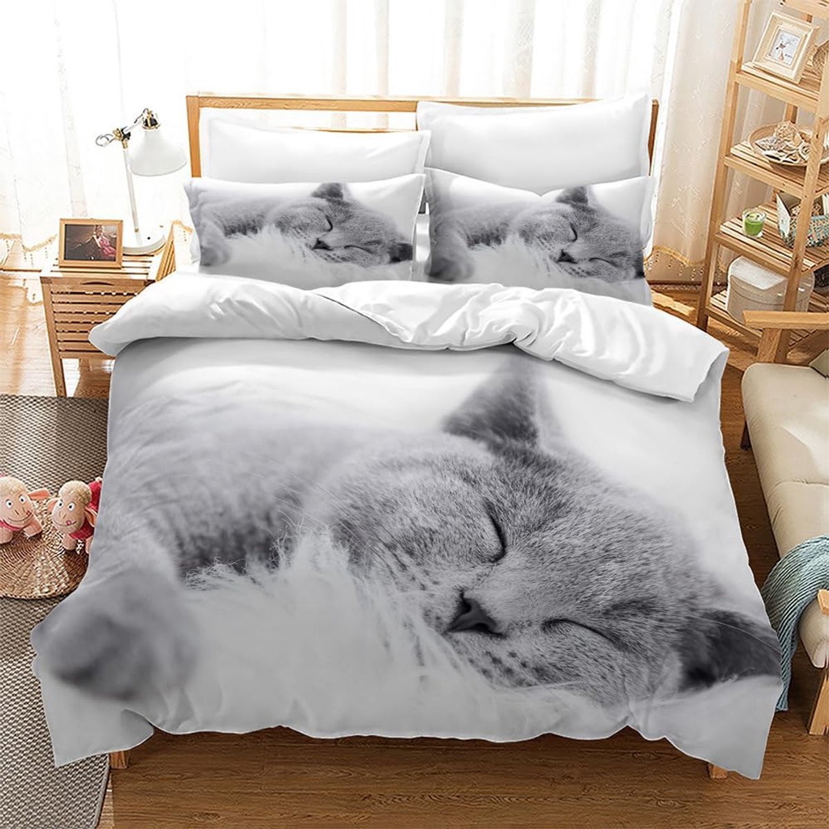 Beddengoedset 220 x 240 cm - 3D-kattenmotief - microvezel - zachte dekbedovertrek voor kattenliefhebbers - ShopVlot