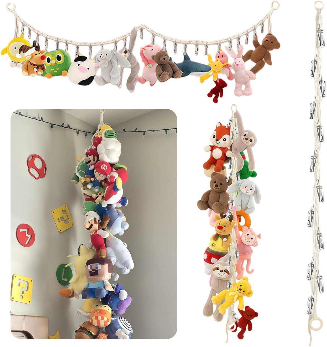 Hanging fabric knuffelopberger 2M - Bohemian stijl - Met 20 metalen clips - Ruimtebesparende opslag voor speelgoed - ShopVlot