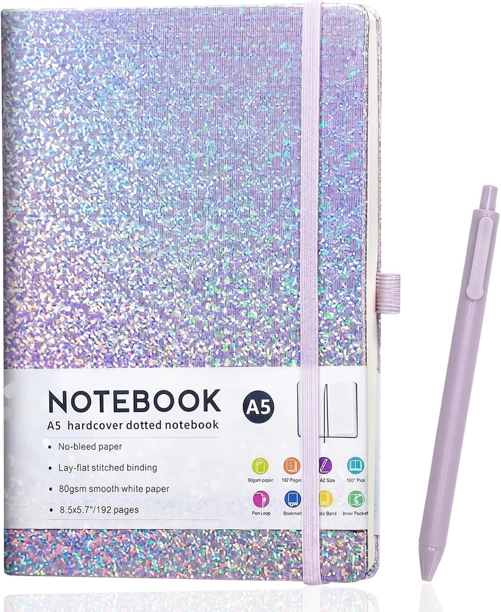 Notitieboek A5 - Glitter paars - Hardcover - Perfect voor school of thuis - ShopVlot
