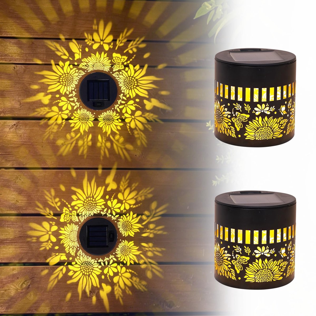 Casalora Tuinverlichting - tuinverlichting op zonneenergie - Solar Wandlamp Buiten - 2 Set - Zonnebloem Opengewerkte Lantaarns van Smeedijzer Solar Schuttinglamp voor Tuin, Terras, Gazon en Pad Decoratie - Warm Wit licht