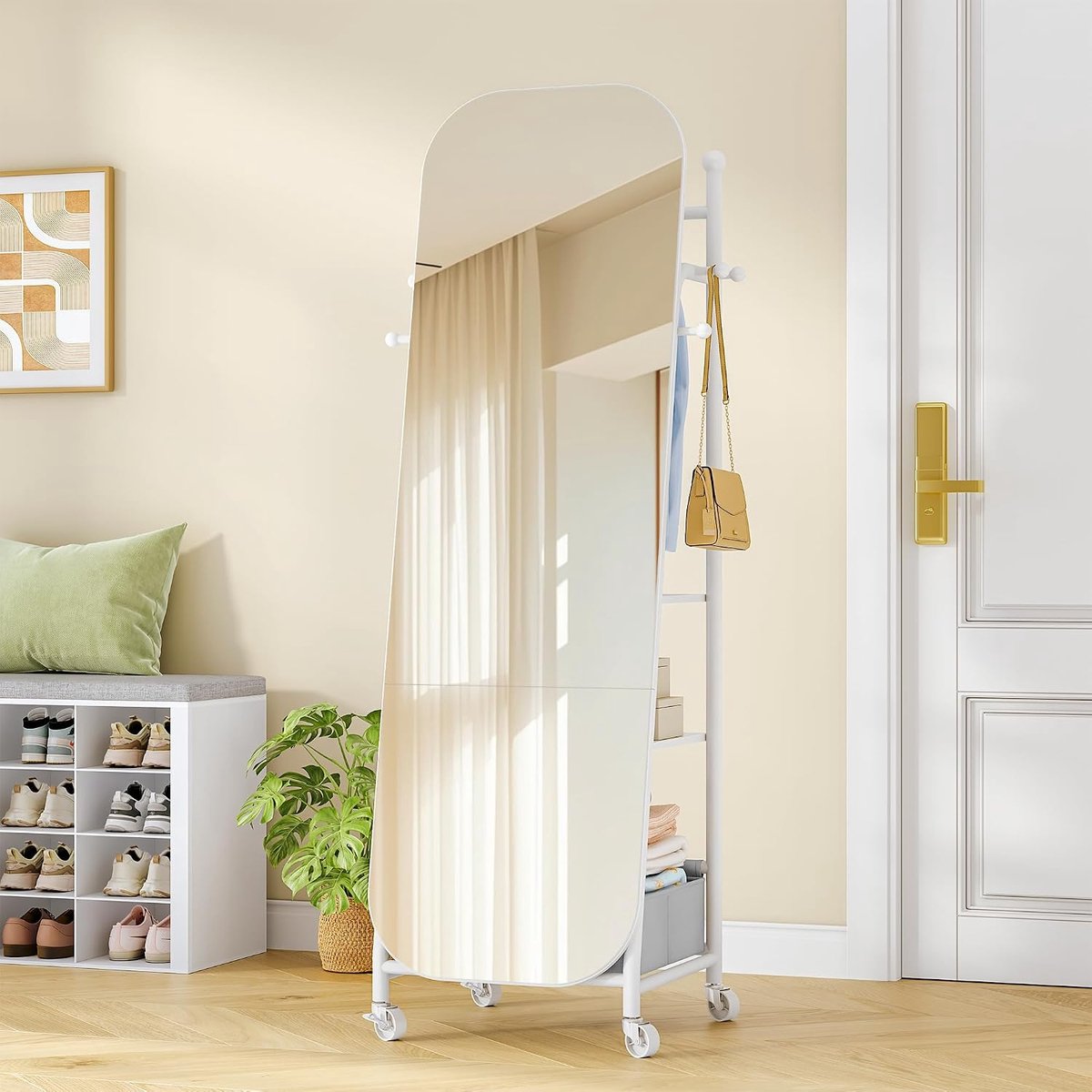 Hzuaneri volledige lichaamsspiegel, staande spiegel met kledingrek, 50 x 165,8 cm, 360° draaibare wielen, grote spiegel met opbergvak en haak, voor slaapkamer en woonkamer, wit