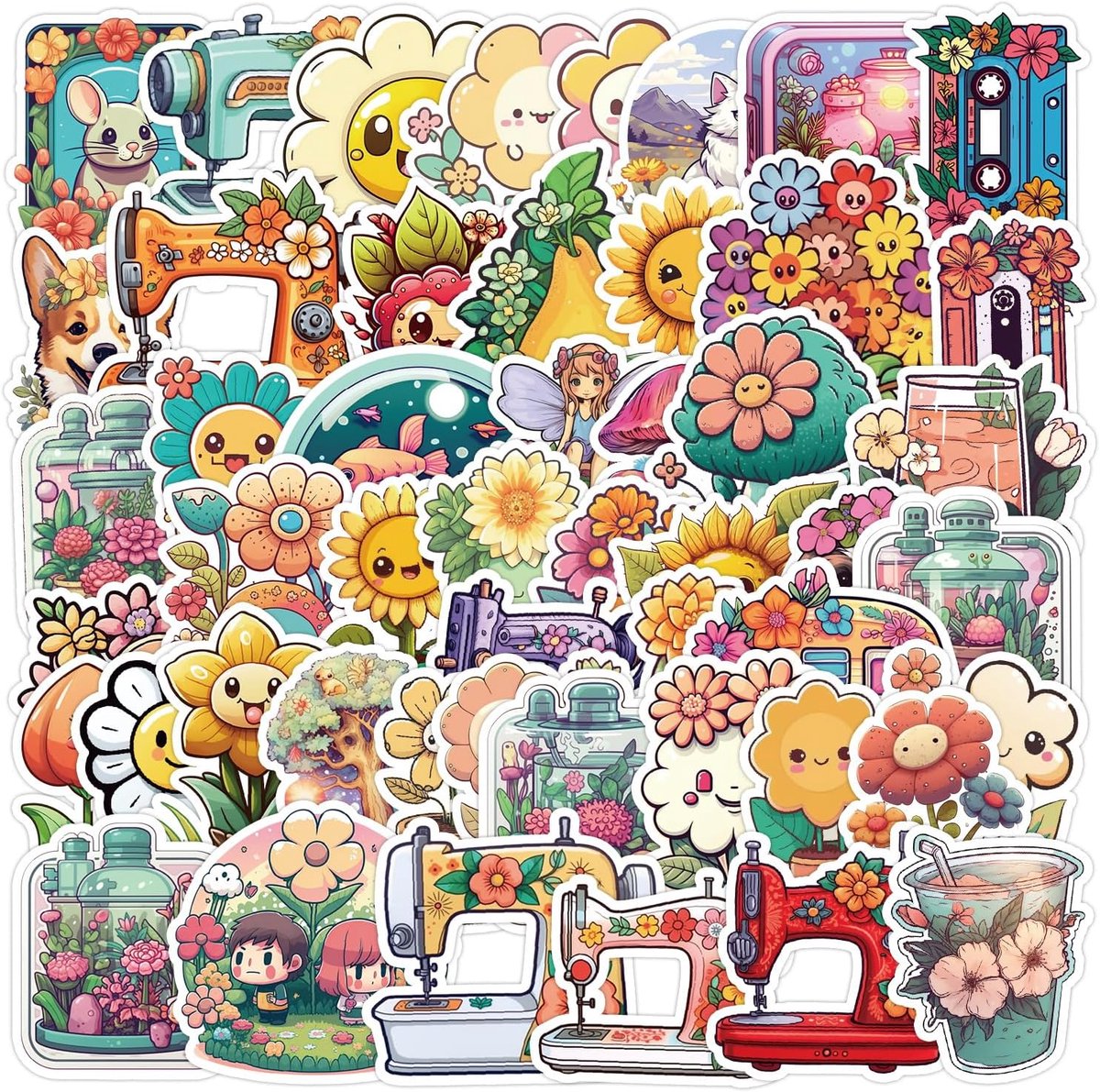 Plantstickers 50pcs - kleurrijke bloemen - vrolijke ontwerpen - perfect voor waterfles en laptop - ShopVlot