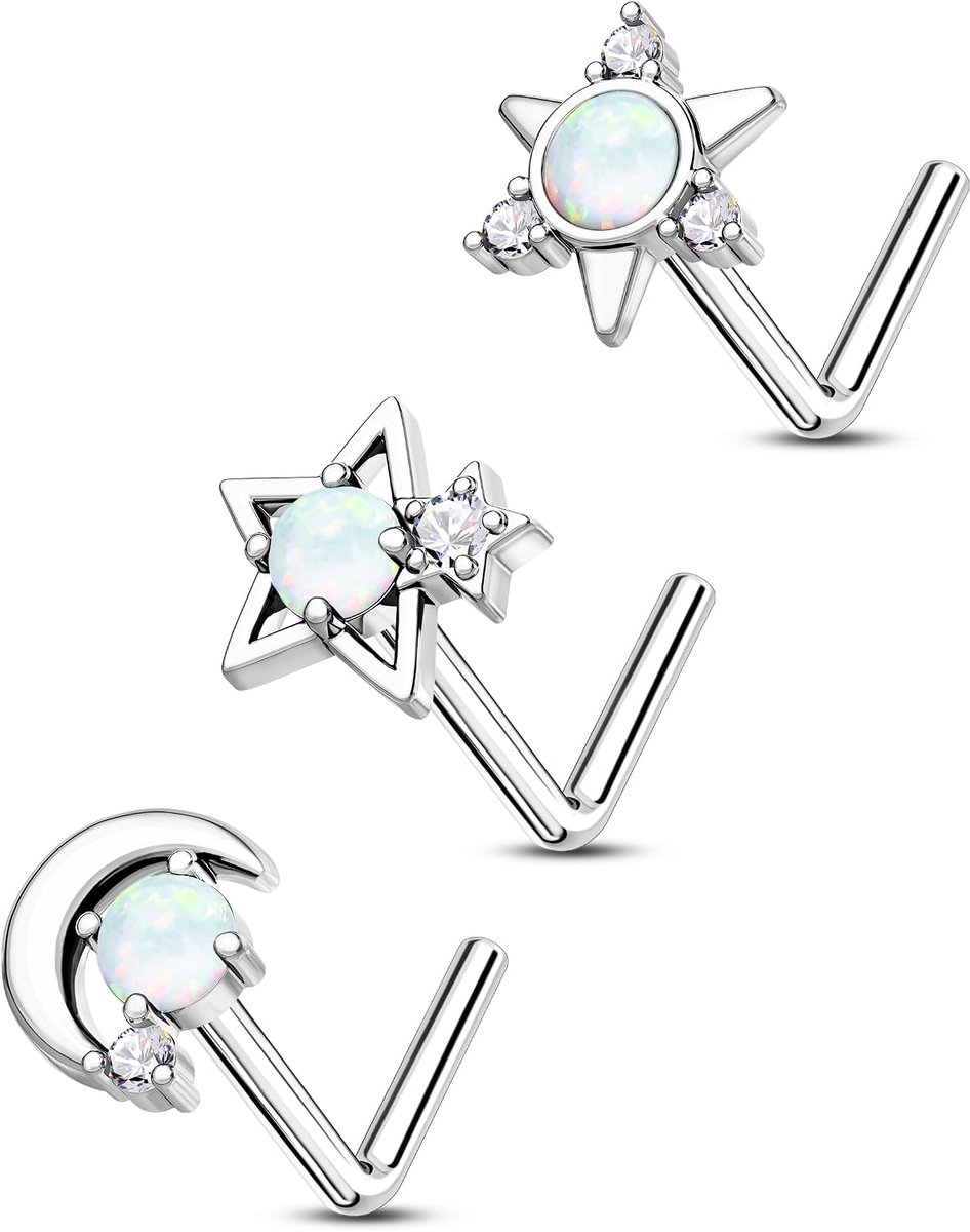 Neusstud 3-delig - 20g neusring - L-vormige neuspiercing - 7mm opaal voor vrouwen - ShopVlot