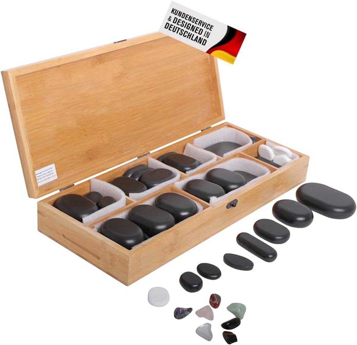 Hotstone set 64 stuks - basalt stenen - decoratieve houten doos - ideaal voor wellness en spa - ShopVlot