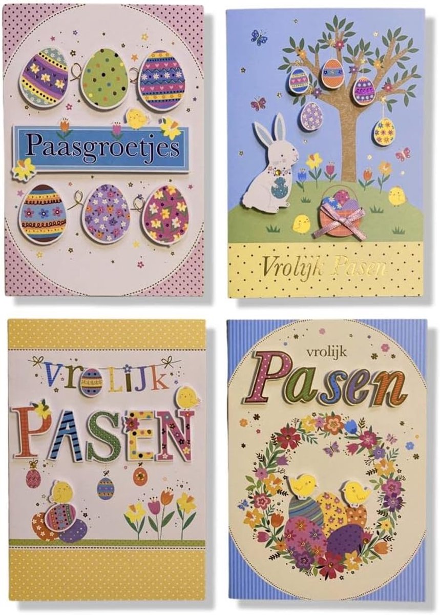 Paaskaarten 4 Stuks - Luxe 3D Print - Dubbele Wenskaarten met Kleurige Envelop - Perfect voor Pasen - ShopVlot