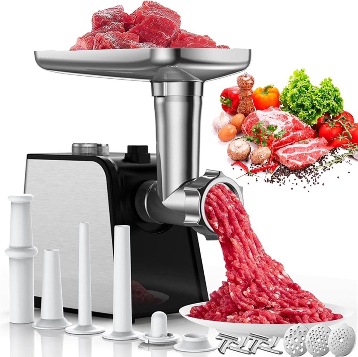 Elektrische Vleesmolen 3-in-1 RVS Met Sausage Filler en Cube Eenvoudig in Gebruik ShopVlot
