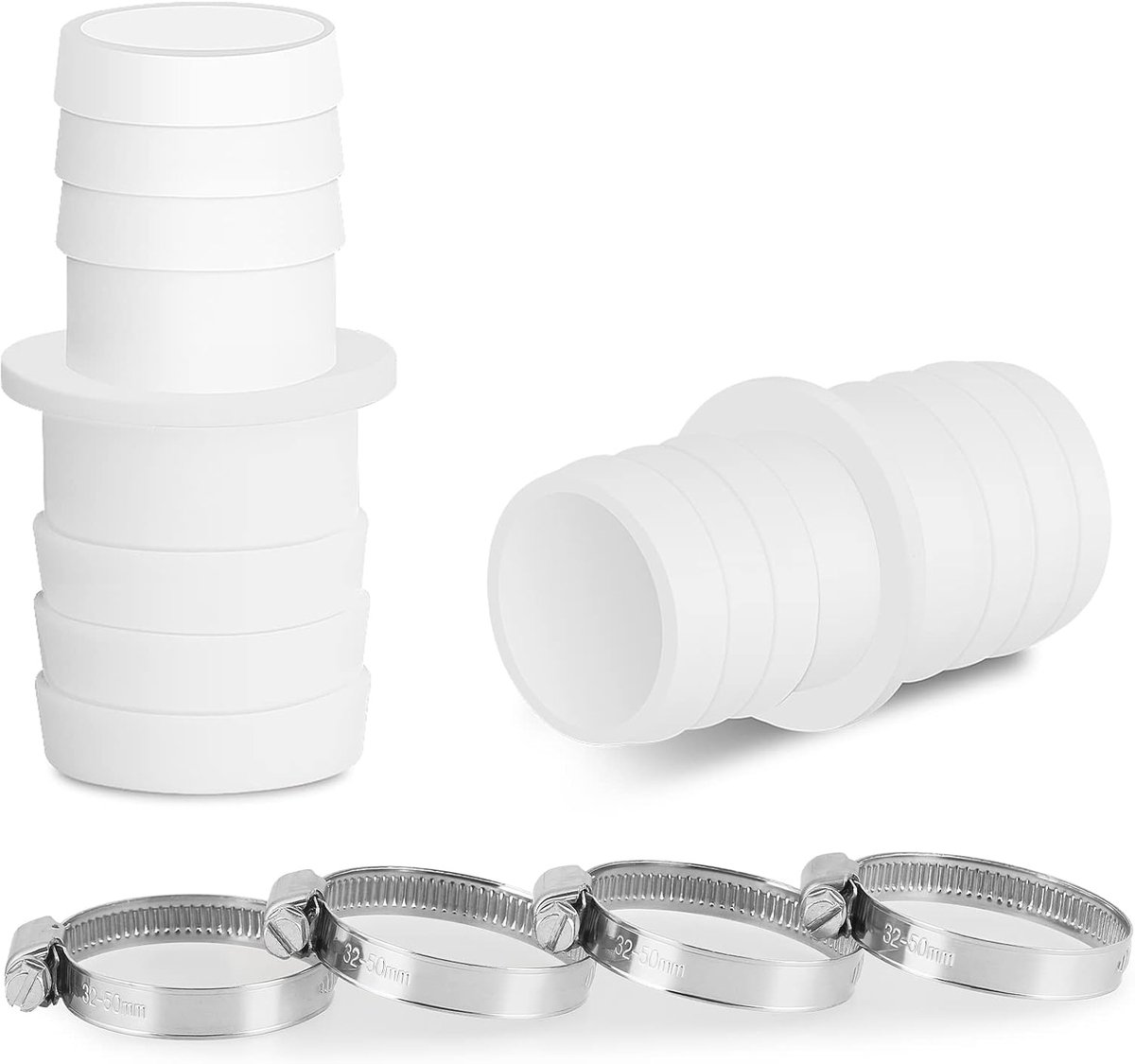 Hose connector 32 mm x 38 mm - set van 2 - inclusief 4 roestvrijstalen slangklemmen - ideale aansluiting voor zwembaden - ShopVlot