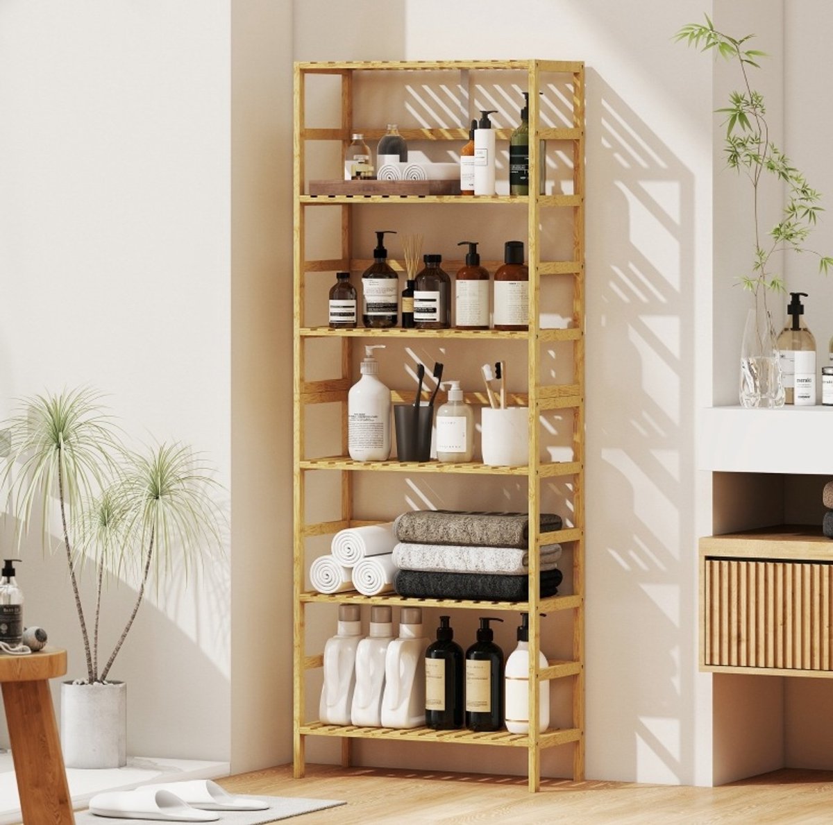 Stellingkast Met 6 Lagen En Verstelbare Planken 161 Cm 60 X 26 Cm Bamboe Naturel Hout Vrijstaand Voor Woonkamer Keuken Badkamer