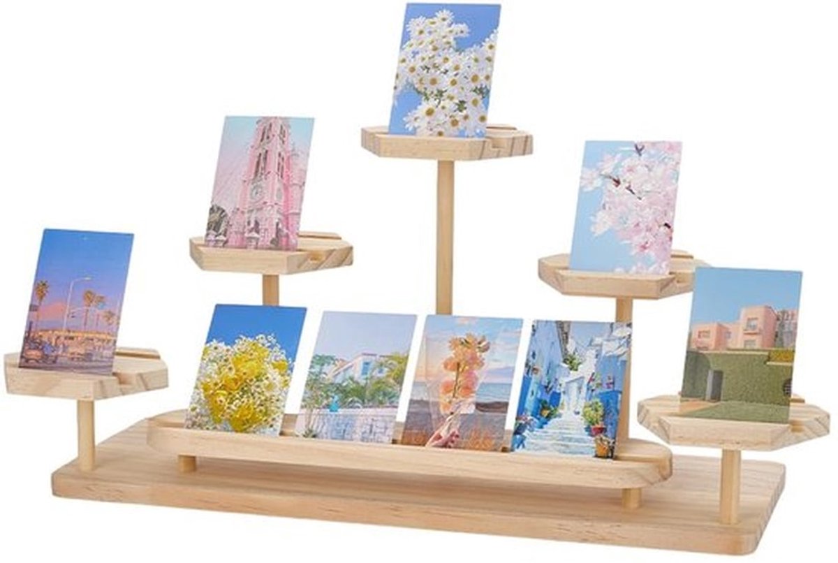 Displaystandaard voor ruilkaarten, 4-laags houten kaartenplank, 47x16x13 cm, tafeldisplayhouder voor het verhandelen van sportkaarten van verschillende kwaliteit en 35pt-dozen