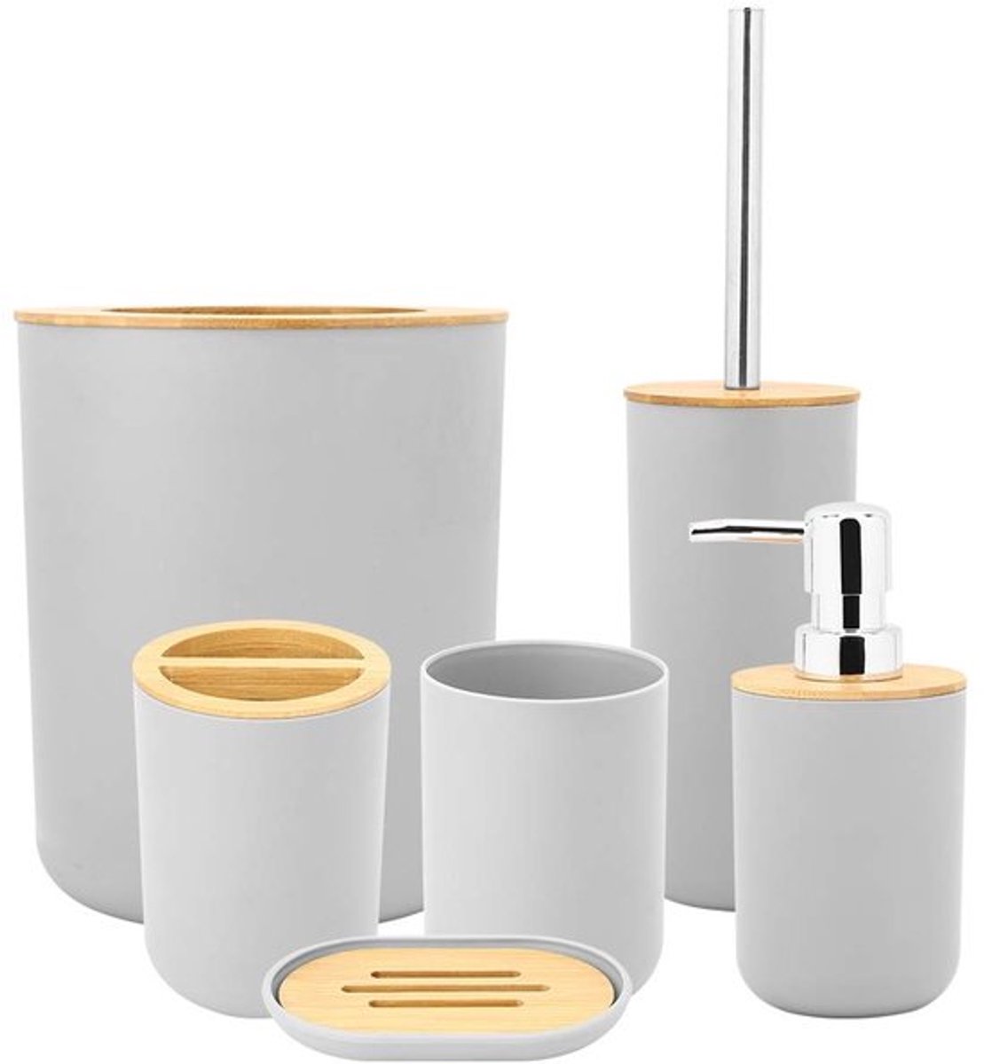 Badkameraccessoireset 6-delig/set Badkamerafvalbak en toiletborstelset Complete badkameraccessoireset Zeepbakje Tandenborstelhouder Spoelbeker Lotionfles Prullenbak Toiletborstel (grijs)