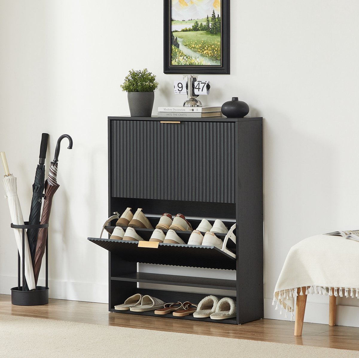 MODENUIT Schoenenkast - Smal Ontwerp Met Kantelbeveiliging - Hal En Entree - MDF - Zwart - 80 x 24 x 102 Cm