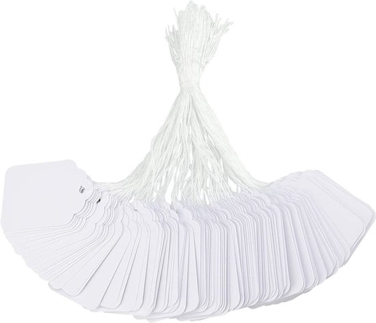 100 stuks kleine prijsetiketten, hangetiketten, 3 x 4,8 cm, prijsetiketten met draad, kraftpapier, wit, prijskaartjes om te beschrijven voor vlooienmarkt, sieraden, cadeau, hanglabels, wit