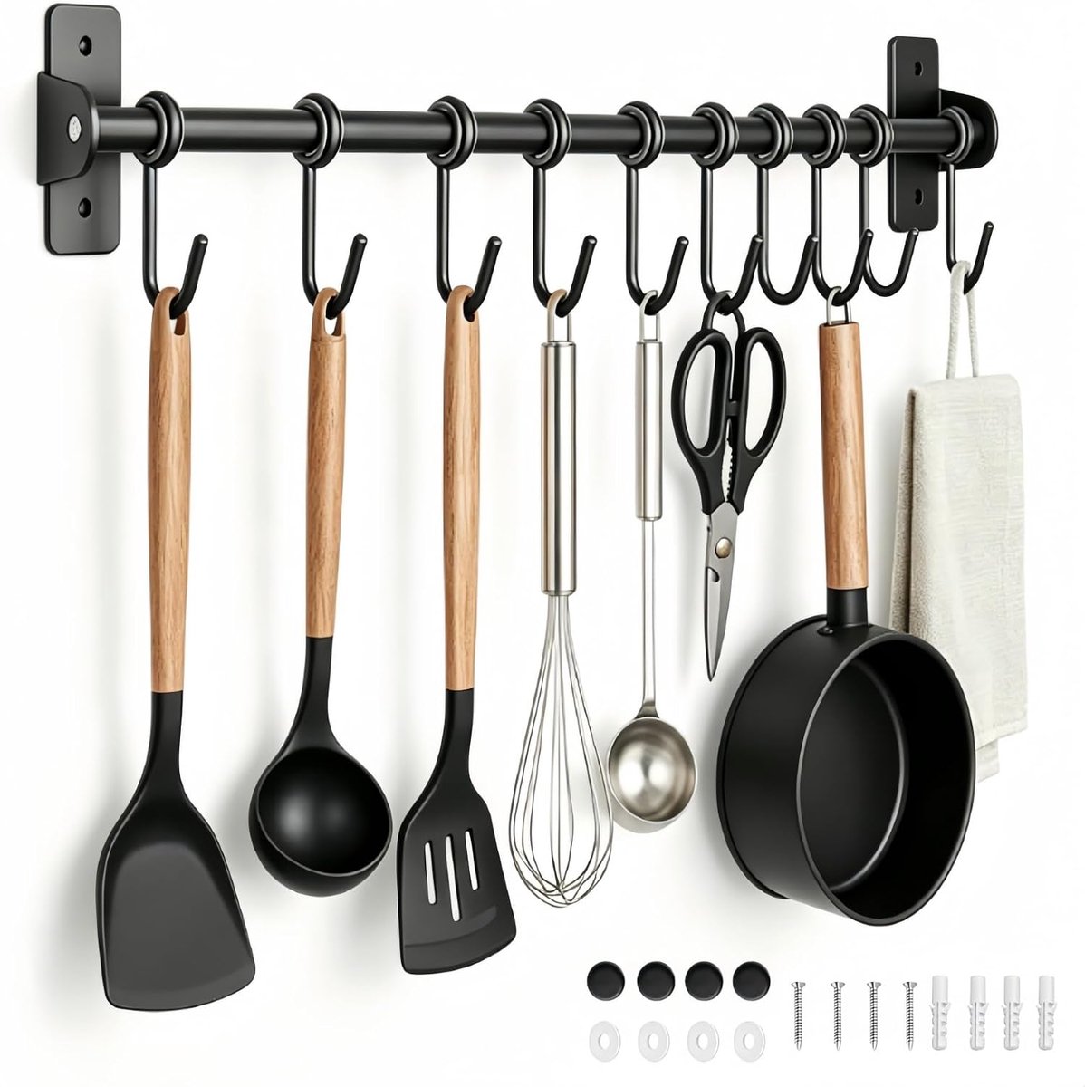KZQ Keukengereirek met ophangstang voor kookgerei - 40 cm breed - Keukengerei-organizer - Met 6 verplaatsbare haken - Ruimtebesparend hangend keukengereirek (keukengerei niet inbegrepen)