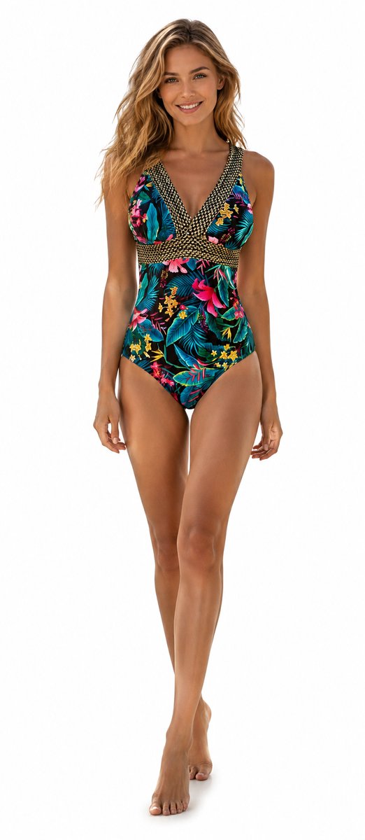 Blauw Badpak met Bloemen - Luxe afwerking Goud