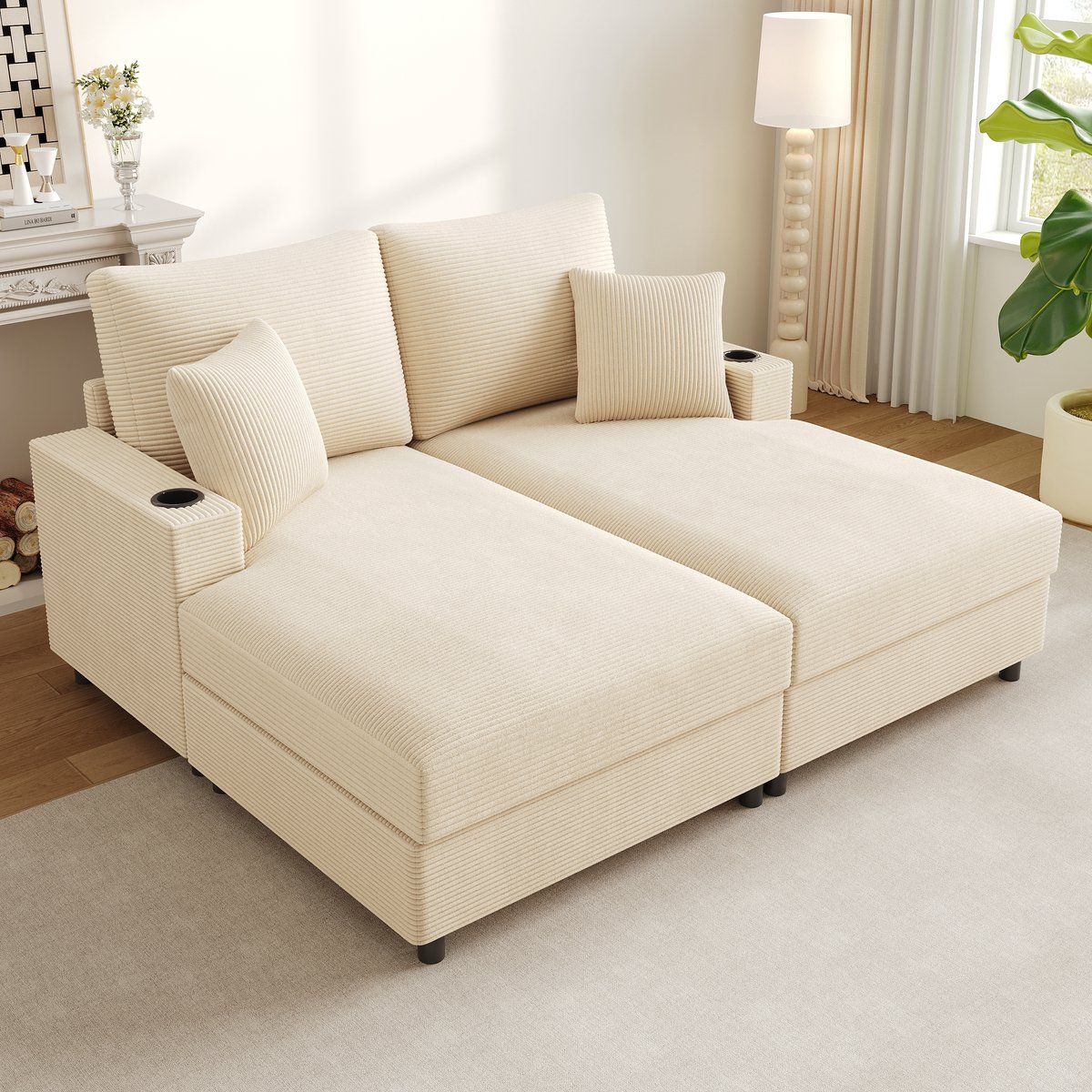 Merax Tweepersoons slaapbank met slaapfunctie - met kussen - telefoonhouder - USB-poort en bekerhouder - beige