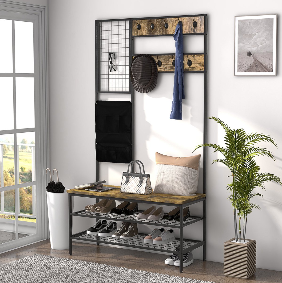 Kledingrek Multifunctioneel 100 x 40 x 185 cm Hout Metaal Bruin Zwart Met 9 Haken Opbergtas Schoenenrek En Kapstok Voor Hal