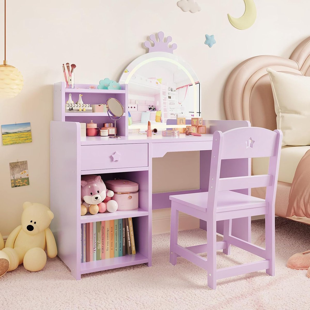 Triumpunpre - Kinderkaptafel met verlichte spiegel - tafel en stoel set 2-in-1 bureau voor meisjes met opbergplanken Paars