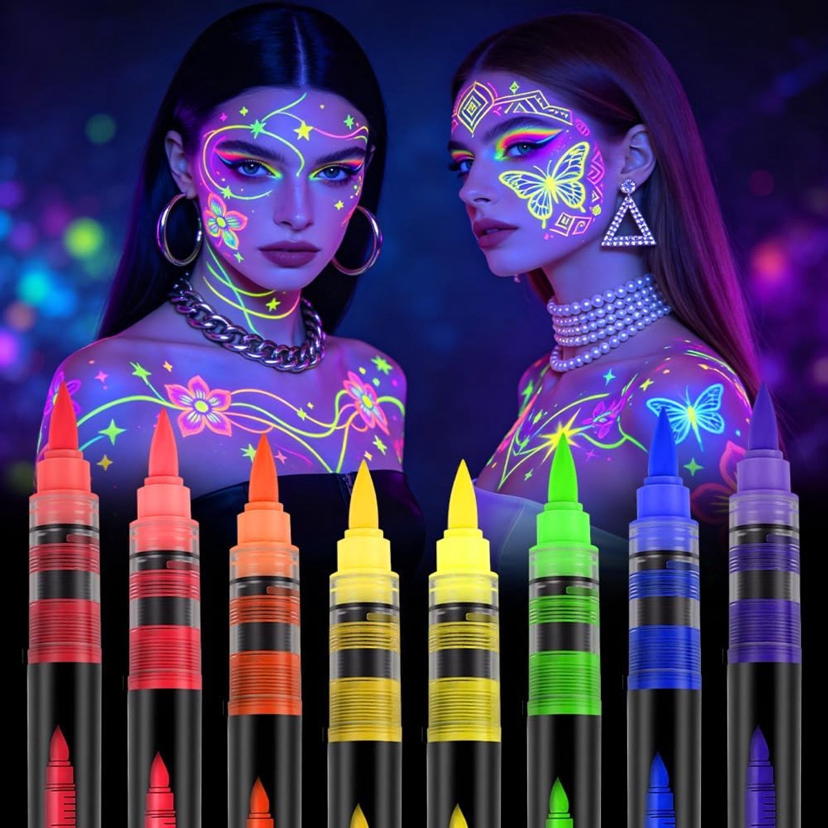 UV Blacklight Pen Set - 8 kleuren fluorescerende tattoo pennen - afwasbare neon pennen - ShopVlot