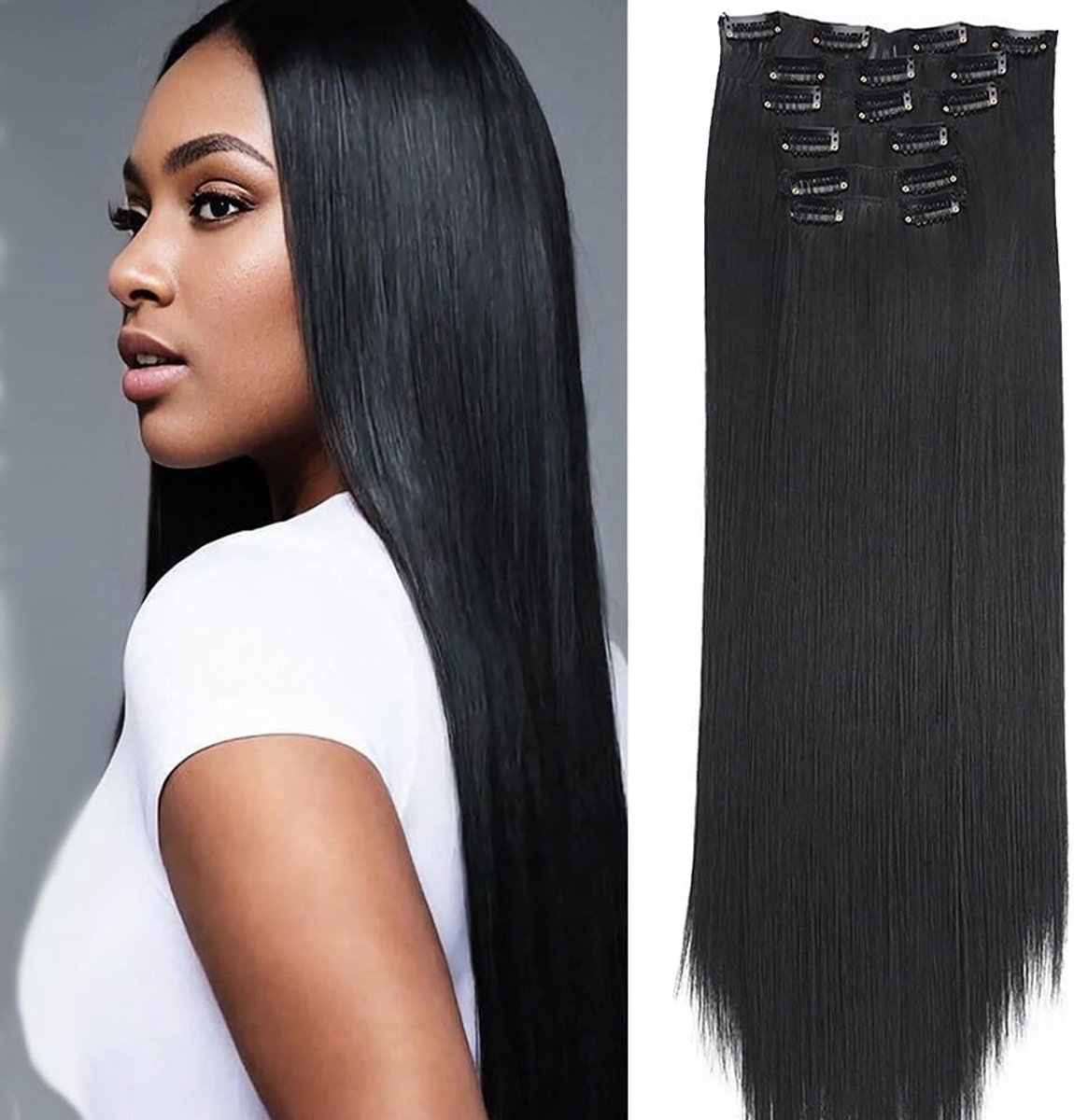 Clip-In Extensions - Natuurlijk zacht synthetisch haar - Recht - Volle kop - Verleng en voluminiseer je haar - ShopVlot